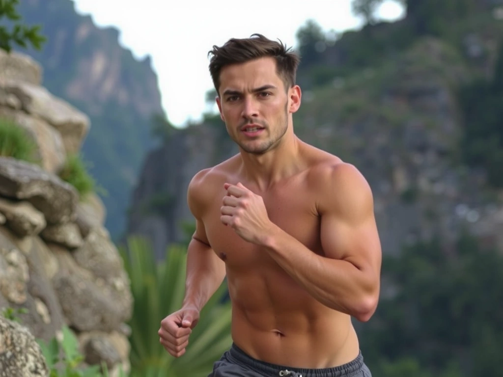 Man in peak physical condition, running outdoors, symbolizing vitality and strength