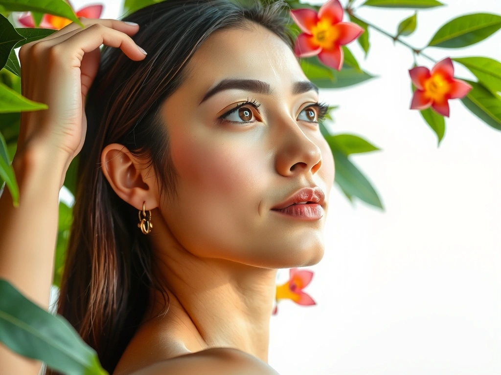Woman with radiant, healthy skin, surrounded by botanical elements, symbolizing natural beauty