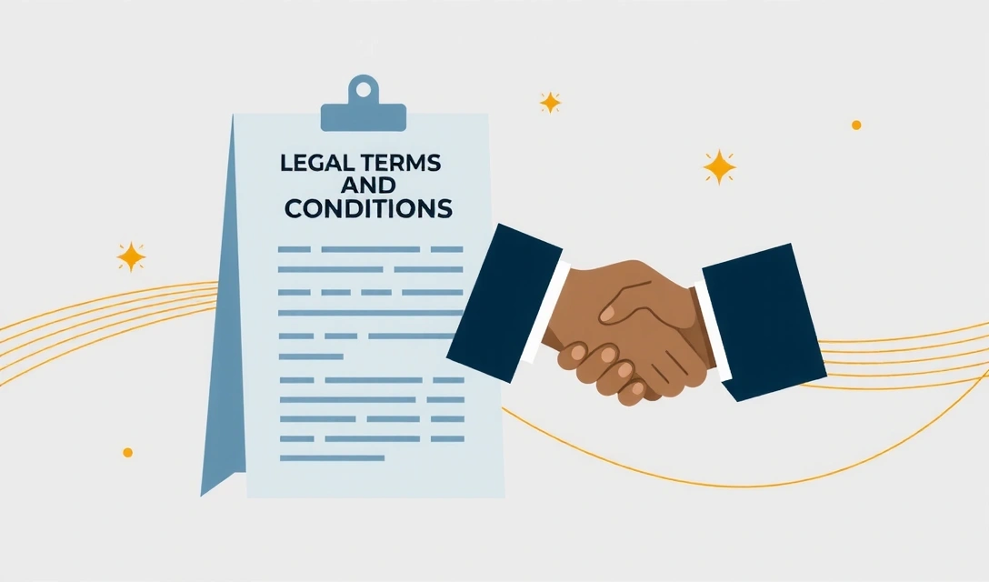 Digital representation of legal documents and an agreement handshake, symbolizing terms of service.